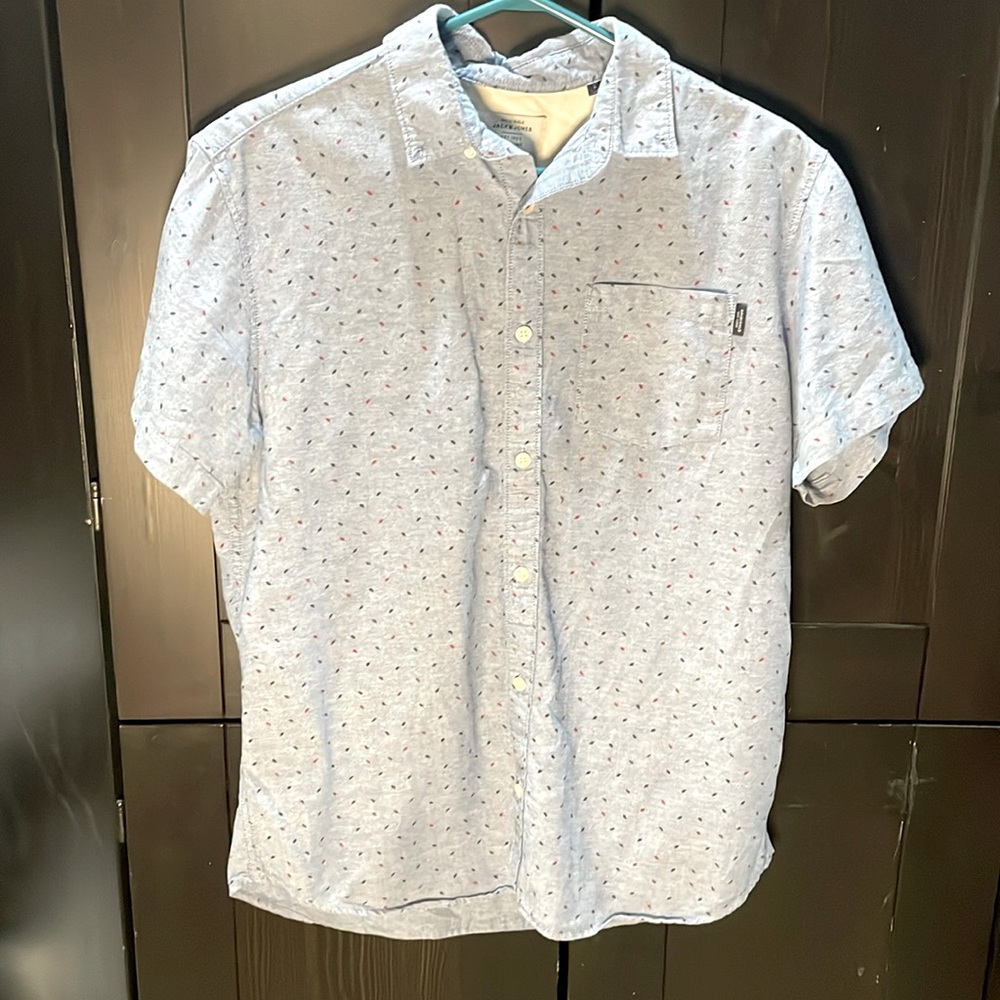 Jack & Jones Originals Blue  Print Button Up Shirt Short Sleeve Mens Size L